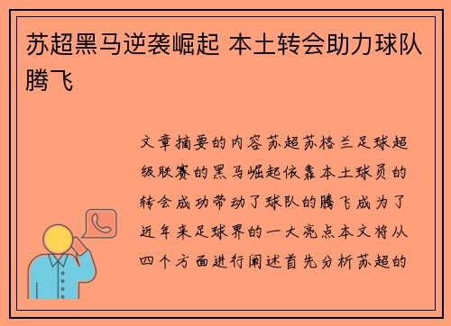 苏超黑马逆袭崛起 本土转会助力球队腾飞